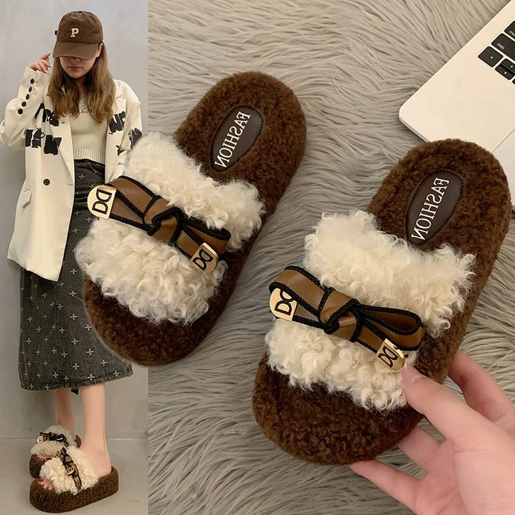 黑色一字厚底棉拖鞋女2025秋冬新款简约圆头家居毛毛拖鞋女保暖鞋