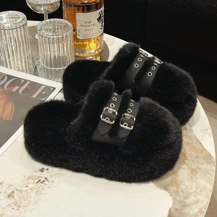 超厚底毛毛鞋包头半拖鞋女外穿秋冬加绒欧货松糕增高室内家居棉拖