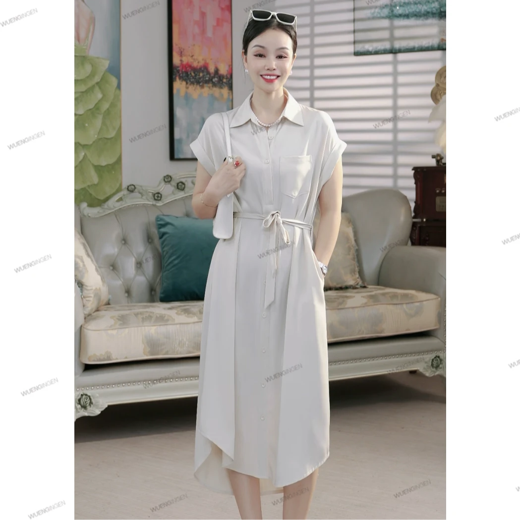 B9417-2时尚气质显瘦连衣裙纯色洋气休闲收腰韩版宽松