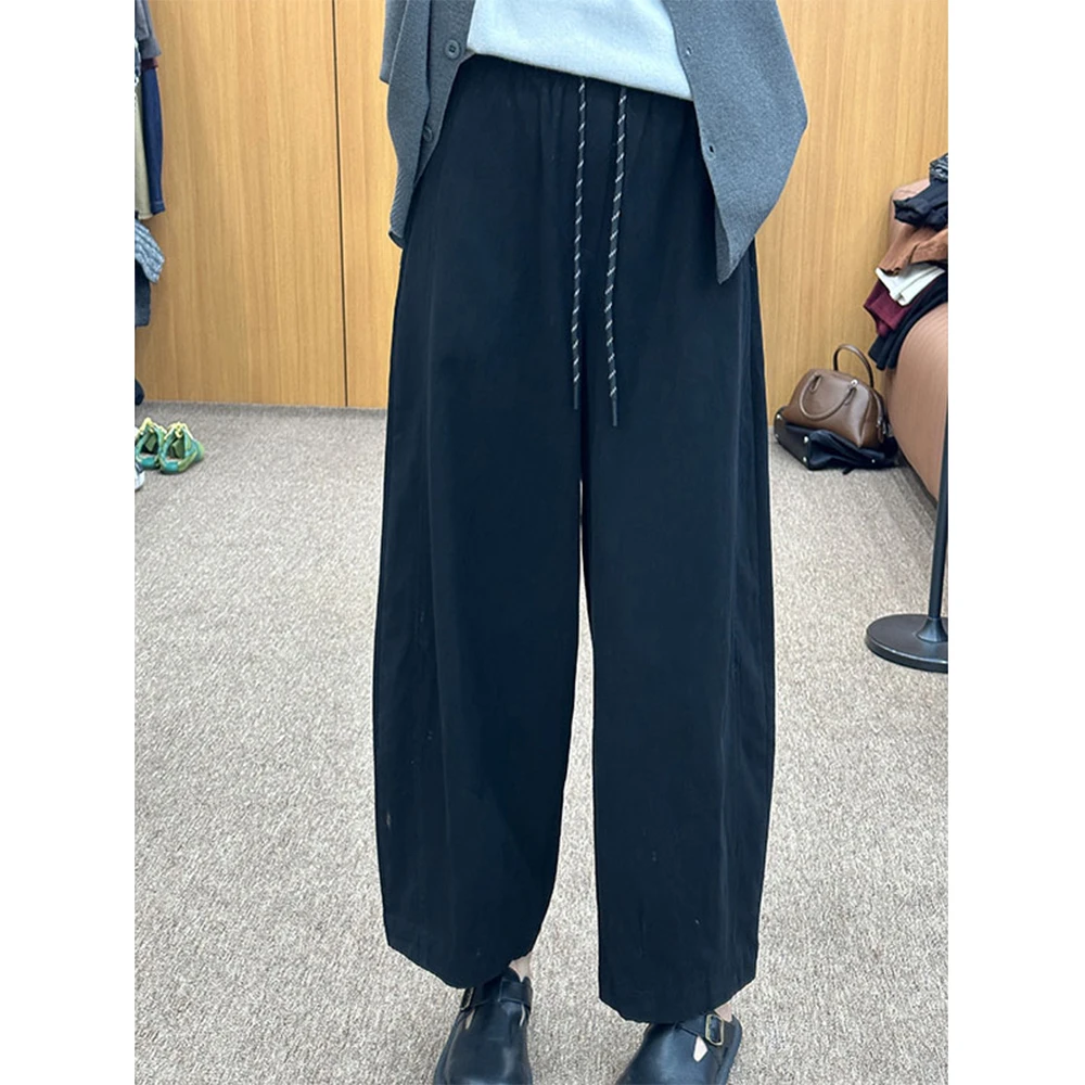 日系松紧腰抽绳阔腿休闲裤女2025春秋季小个子高腰宽松萝卜长裤子