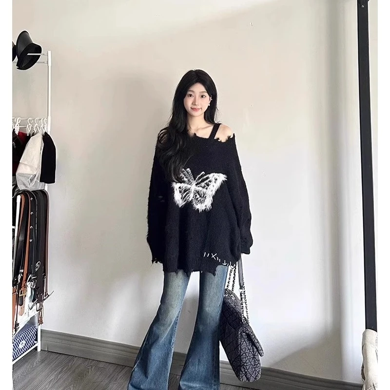 甜酷黑色美式卫衣女多巴胺秋季穿搭高级感炸街加绒圆领外套上衣潮