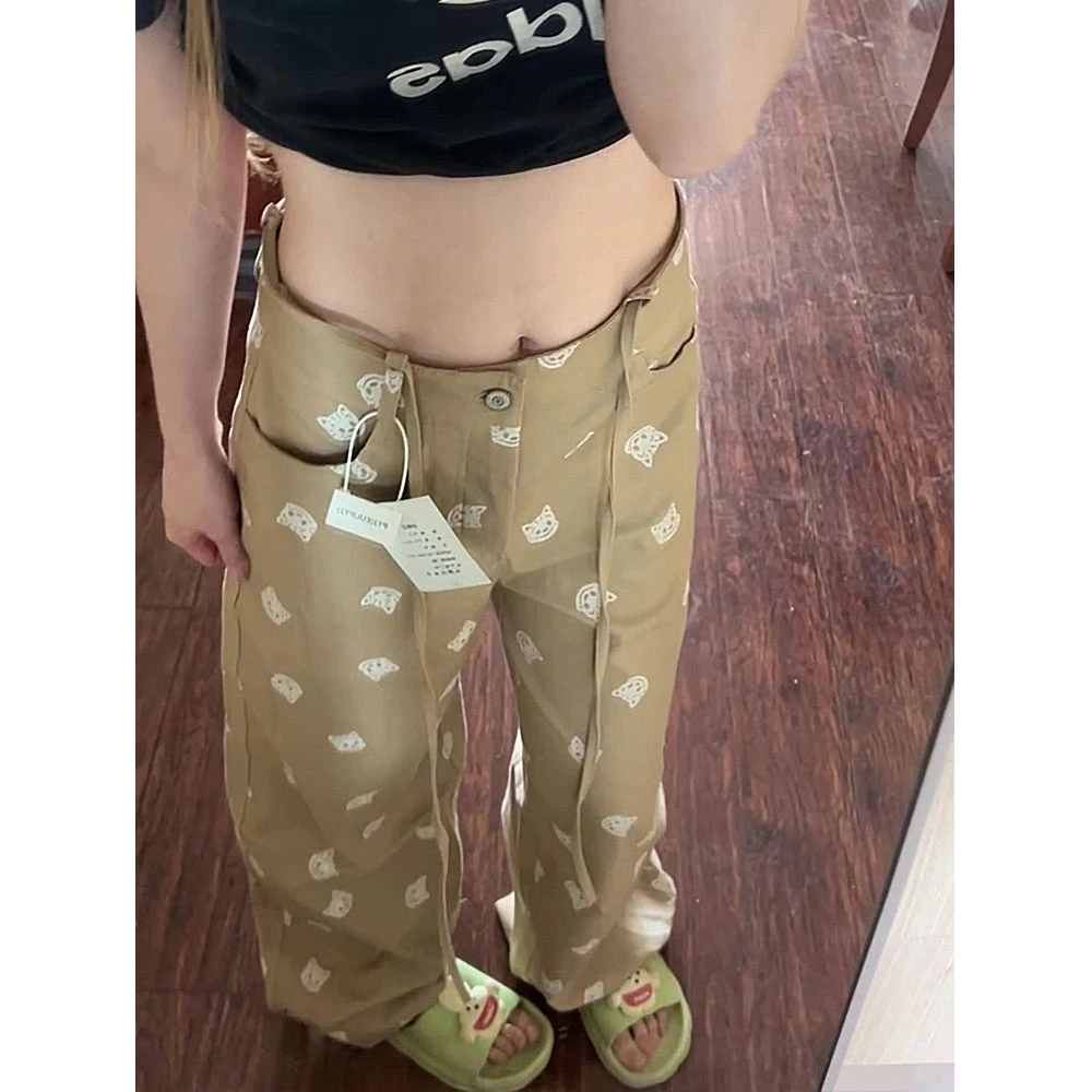 卡其色猫咪印花系带设计感阔腿休闲裤女2025秋季高腰宽松直筒长裤