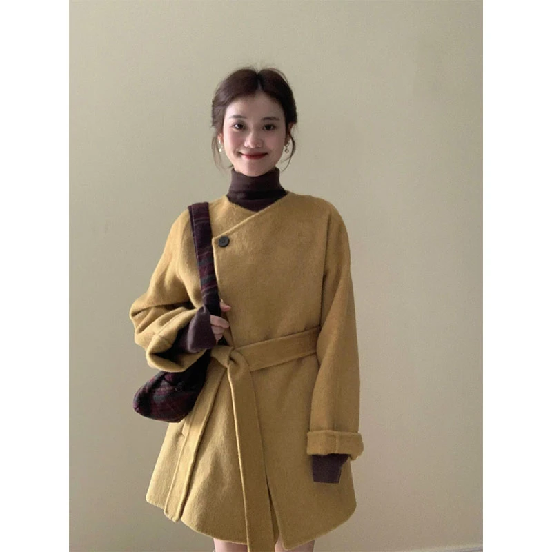 法式中长款双面呢毛呢外套女秋冬季宽松大衣高级感气质一粒扣上衣