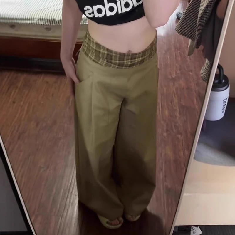港风卡其色拼接大喇叭休闲裤女秋冬高腰宽松慵懒风阔腿拖地长裤子