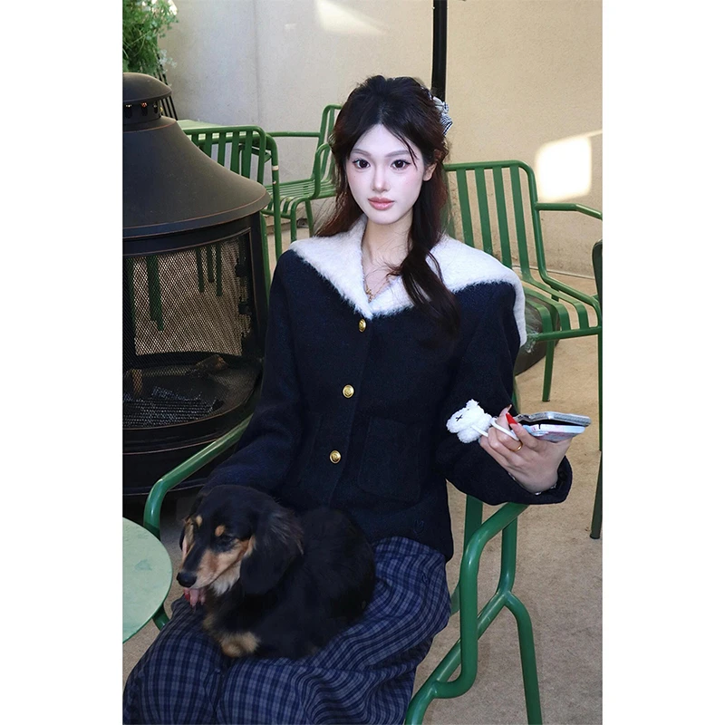 INS CEC黑色撞色减龄海军领软糯毛衣外套格子长裤两件套装女秋冬