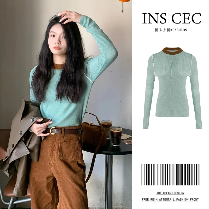 INS CEC美式复古穿搭打底衫2025秋季新款长袖针织衫毛衣修身上衣