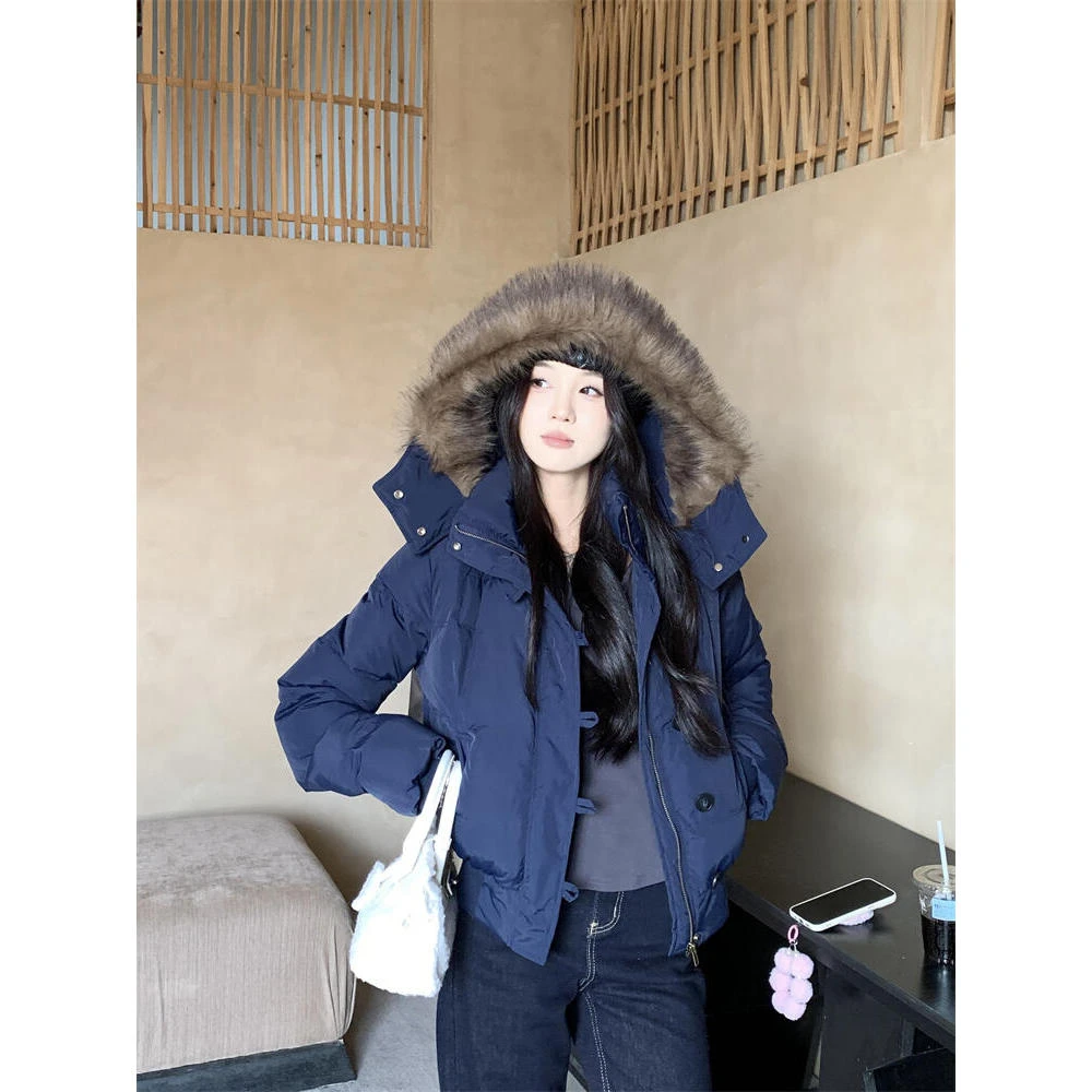 美式藏青色短款毛领连帽棉服女2025冬季加厚保暖棉衣外套宽松上衣