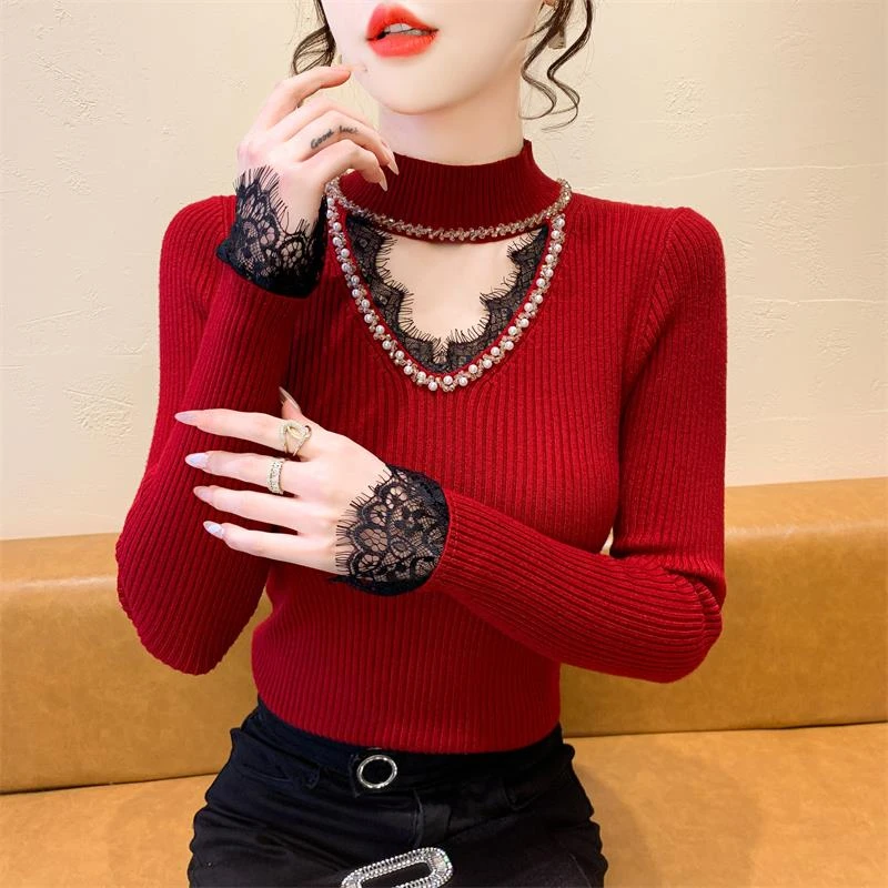 时尚镂空蕾丝打底衫毛衣女秋冬新款2025设计感小众修身针织衫上衣
