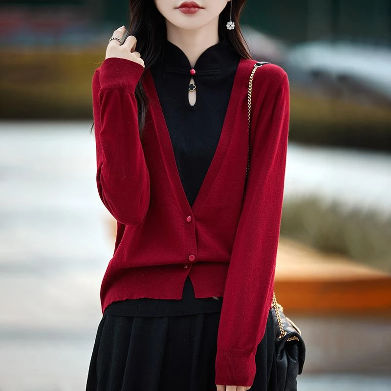 女士针织衫上衣秋冬2025新款时尚洋气假两件半高领红色毛衣打底衫