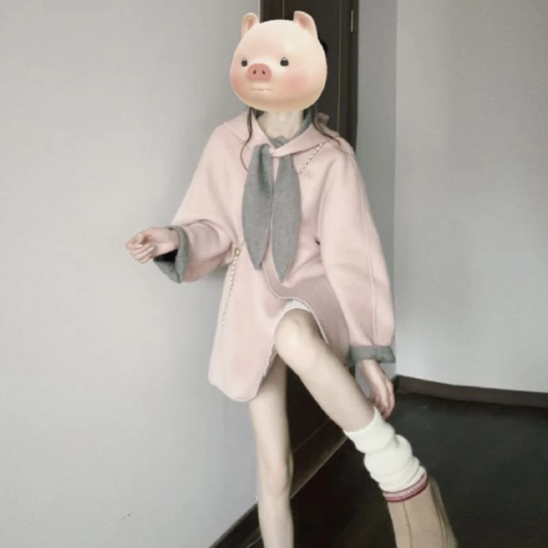 兔耳朵粉色连帽毛呢外套女秋冬高级感甜美气质小个子双面呢子大衣