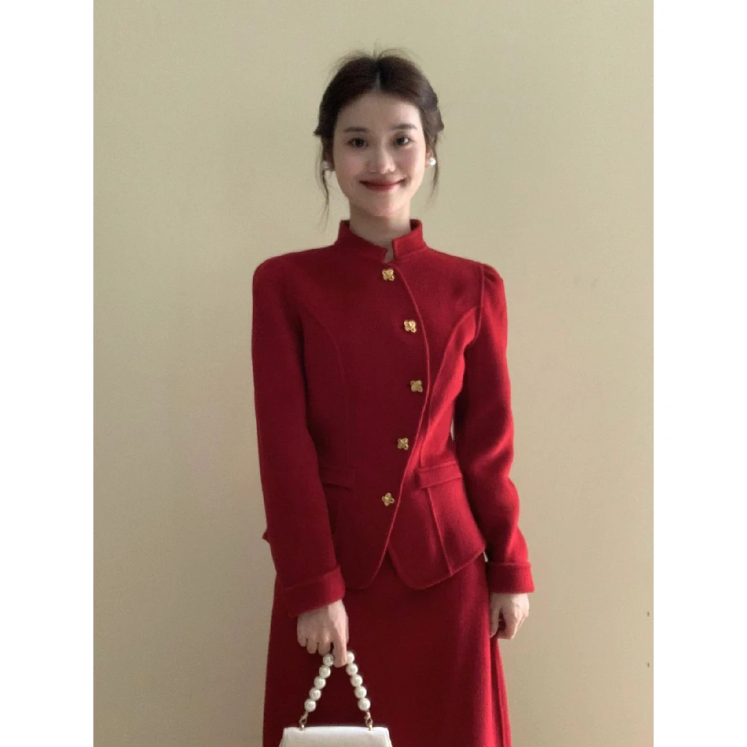 新中式老钱风毛呢连衣裙子秋冬女装红色新年战袍订婚礼裙两件套装