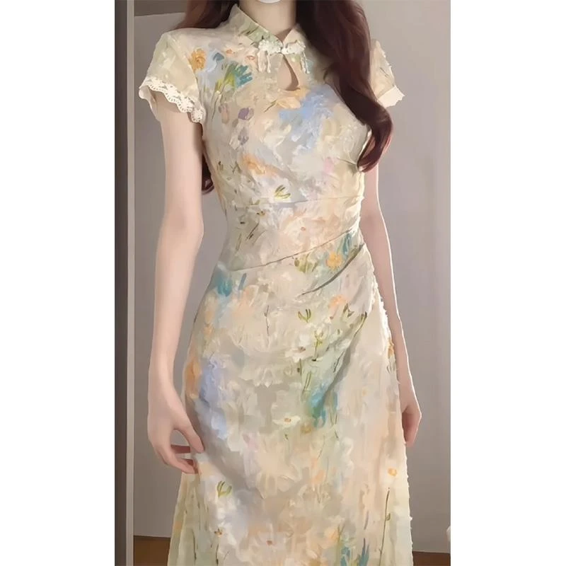 新中式连衣裙镂空碎花旗袍改良独特气质绝美收腰茶歇法式长裙夏季