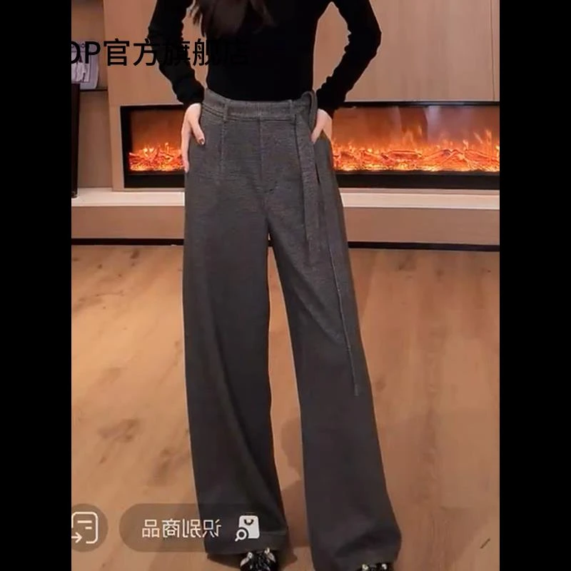 秋冬高级感时尚新款复古灰色休闲西装裤宽松胖mm显瘦阔腿拖地长裤