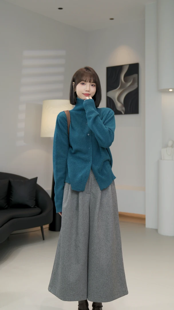 【薇薇绮】羊毛衫高领单排扣时尚显瘦长袖2024秋冬新款 W705