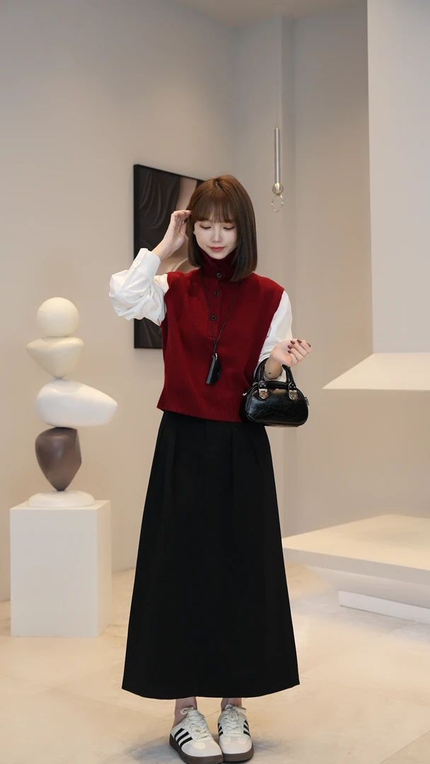 【薇薇绮】半开翻领拼接衬衫袖上衣撞色设计感 W588