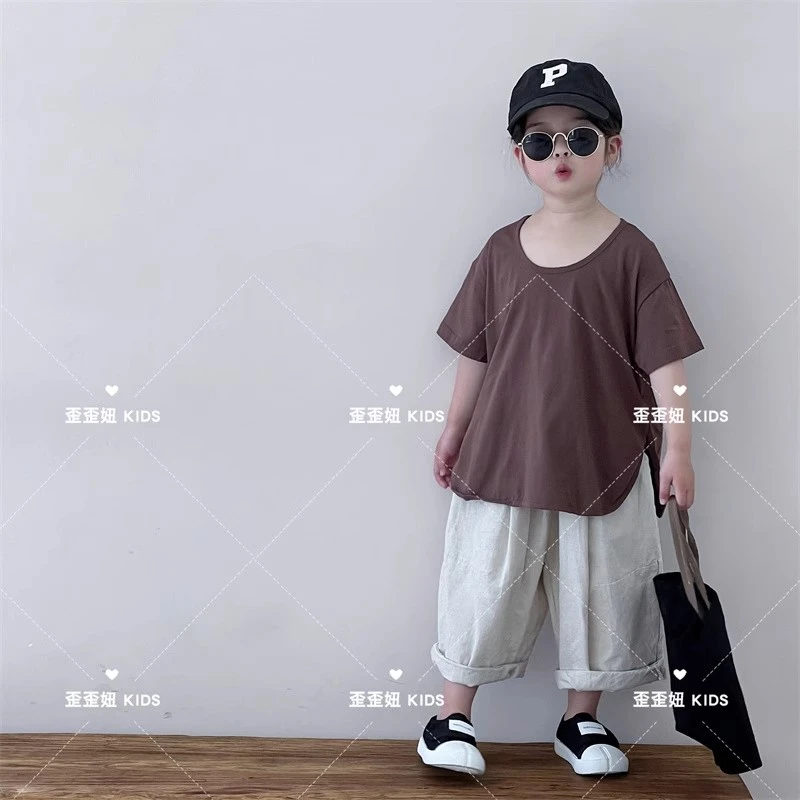 NO退NO换  中性复古极简T恤男女童前短后长打底衫潮