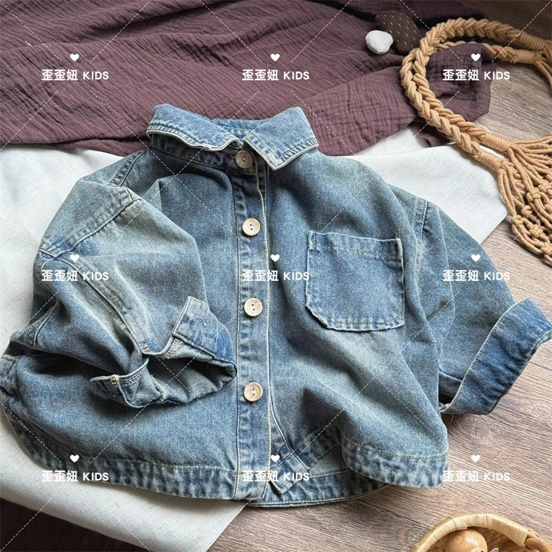 歪歪妞童装  341儿童复古森系日系男女童渐变色炒洗做旧牛仔外套