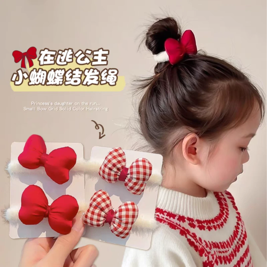 红色蝴蝶结毛绒发圈儿童不伤发发绳扎丸子头毛巾圈宝宝头绳女皮筋