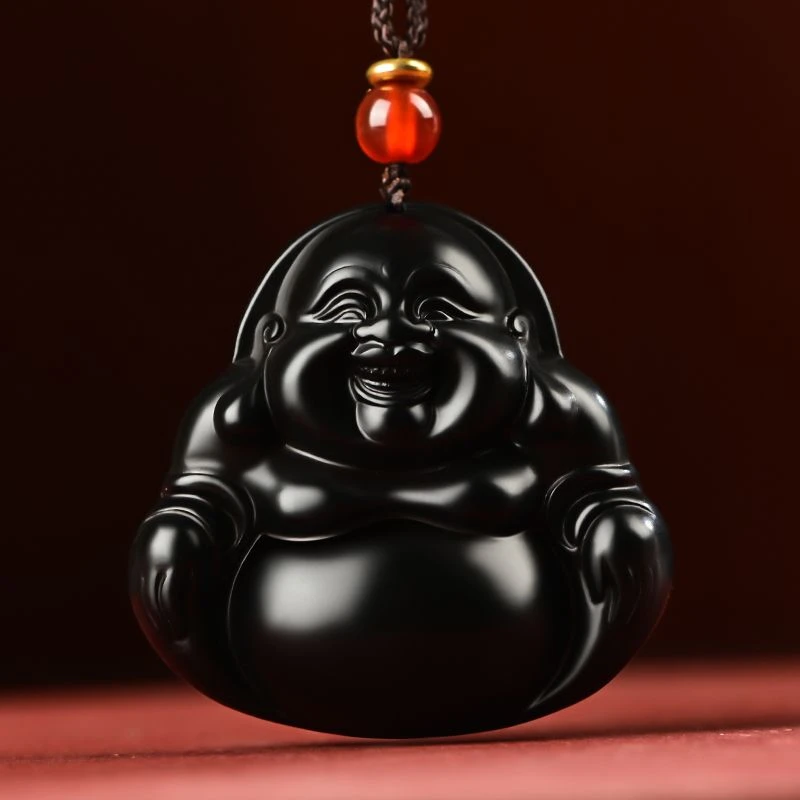 新疆和田玉女士山料佛公吊坠挂件弥勒佛精雕黑羊脂玉坠保真带证书