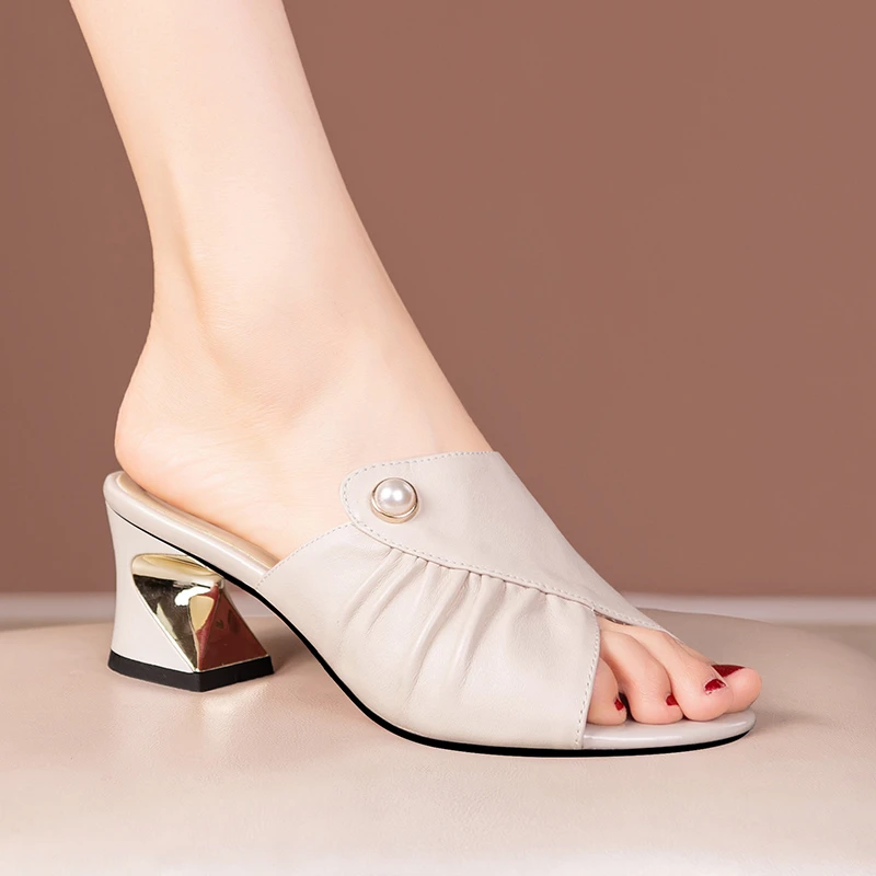 真软皮拖鱼嘴中跟凉拖鞋女夏外穿时尚舒适百搭粗跟大码一字拖凉鞋