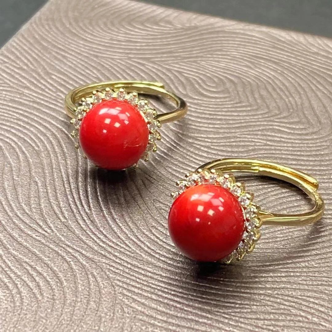 珊瑚硅化玉红珊珊戒指可调节豪镶满钻轻奢气质百搭多样性发一件