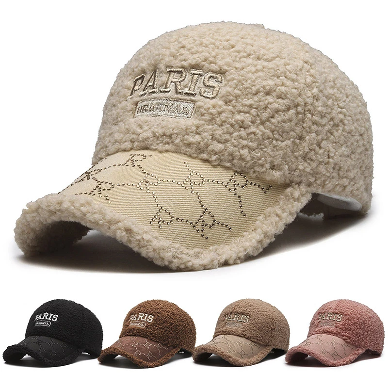 冬季女士韩版刺绣烫钻棒球帽羊羔绒鸭舌帽户外时尚保暖遮阳帽跨境