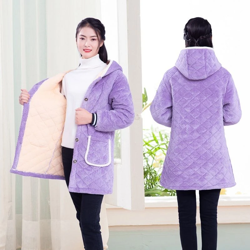 加绒加厚罩衣中长版妈妈装休闲围裙外套棉服罩衣冬季宽松大码女士