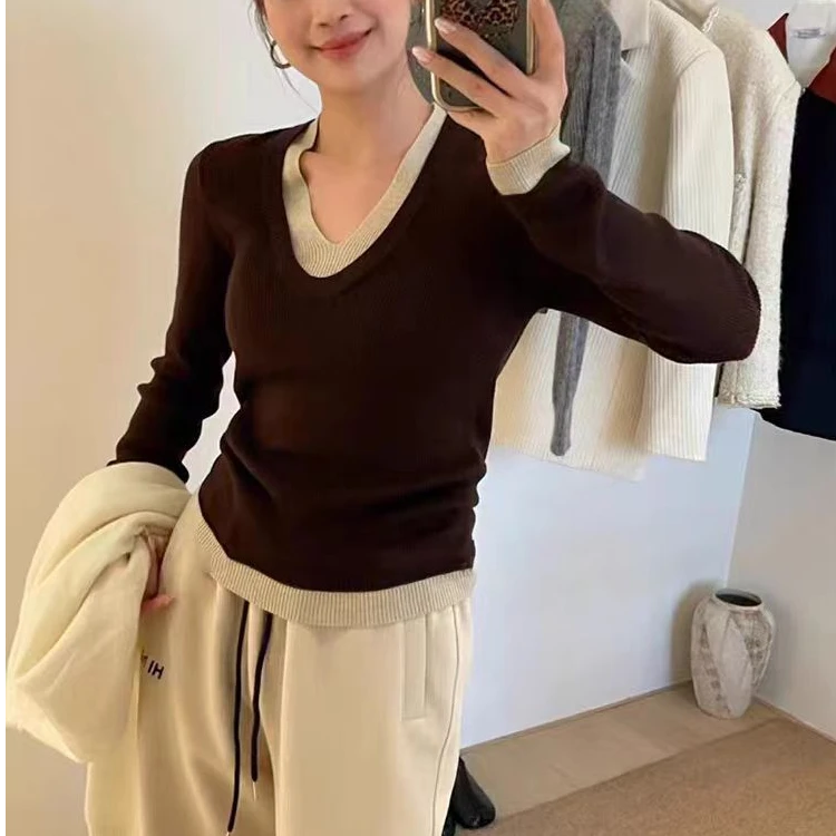 ZZS4398 韩版时尚拼色假两件气质显瘦针织衫女 55