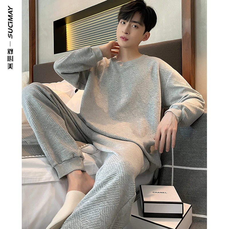 睡衣男春秋款纯棉高档外穿长袖套装男士青年家居服春秋季加肥大码