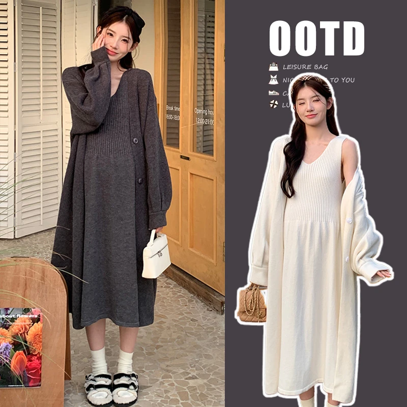 孕妇装套装2024年新款软糯针织开衫吊带裙两件套宽松显瘦慵懒洋气