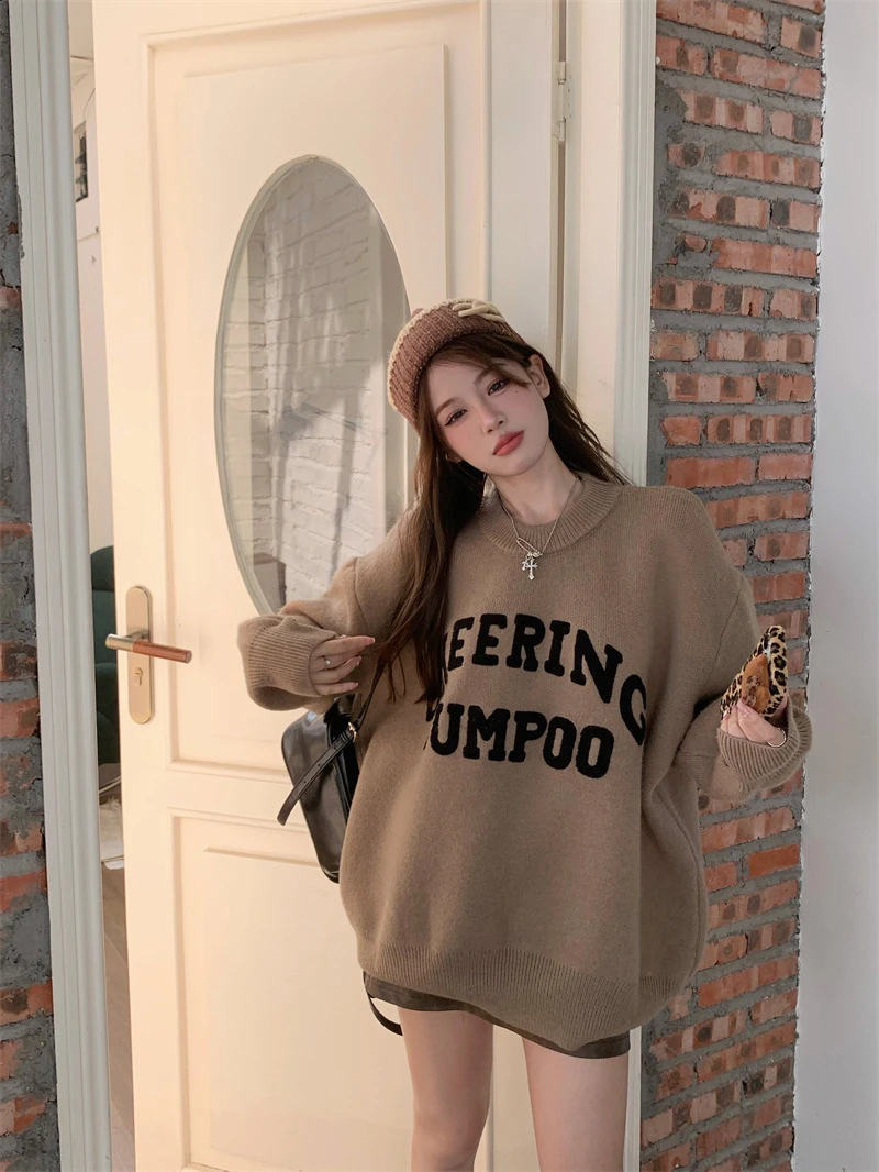 孕妇装2024复古加厚字母长袖软糯毛衣女慵懒风宽松针织衫套头上衣