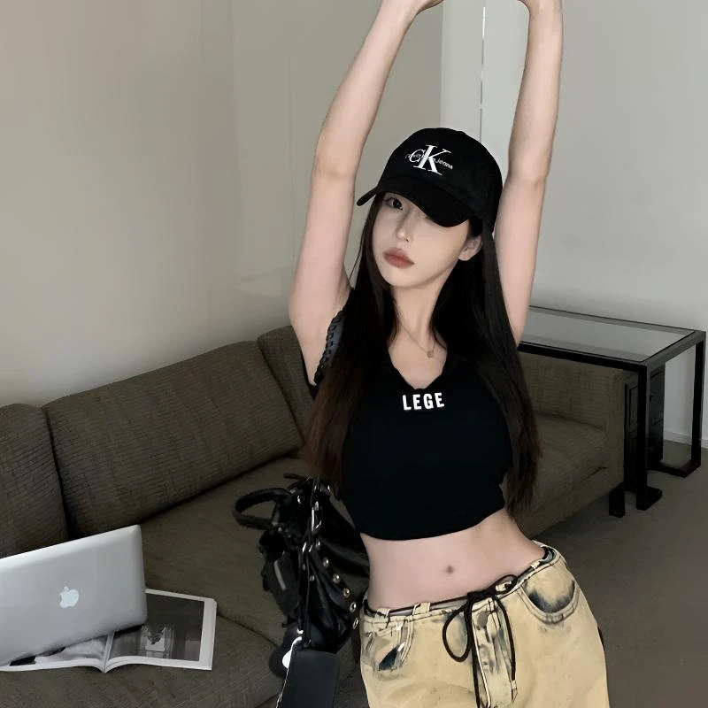 红色字母吊带小背心女夏季性感外穿U领美背辣妹紧身无袖打底上衣