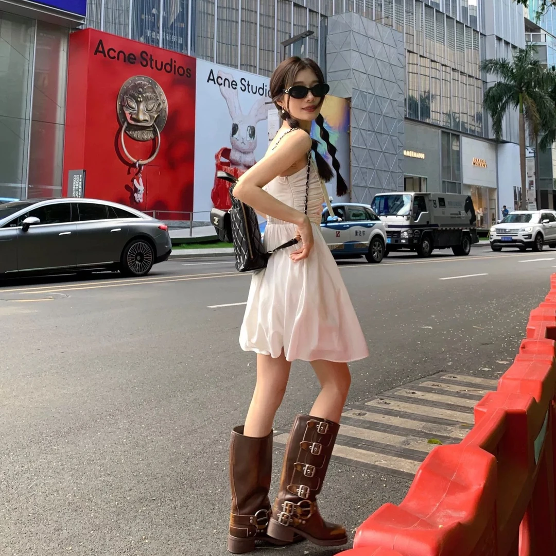 靴子女夏季骑士靴棕色长筒靴复古机车靴百搭高筒靴西部牛仔靴长靴