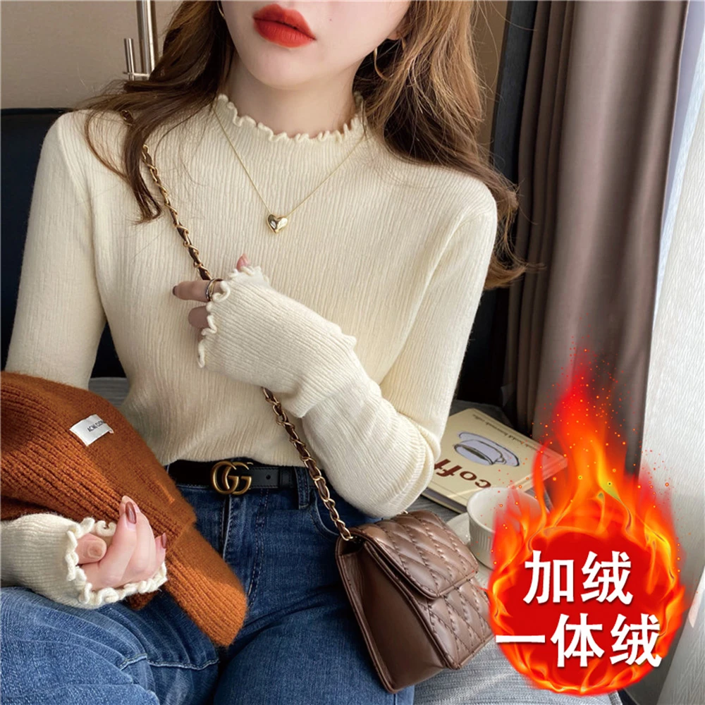 彭2楚半高领加绒加厚毛衣女秋冬木耳边内搭美拉德上衣打底衫女