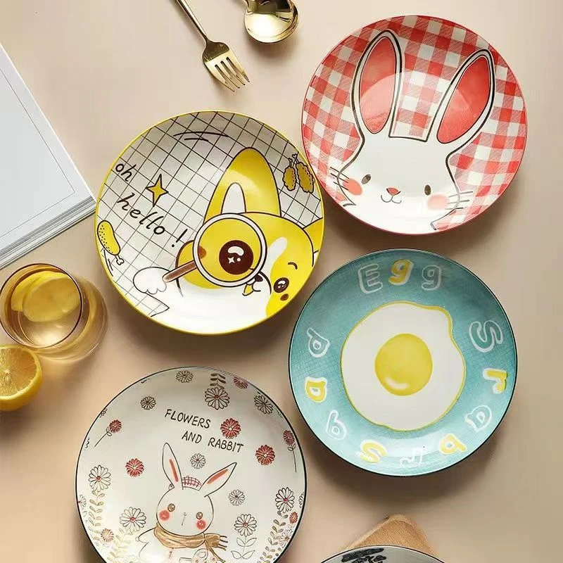 陶瓷盘子卡通圆盘呆萌可爱家用炒菜盘子釉下彩工艺耐高温破损包赔