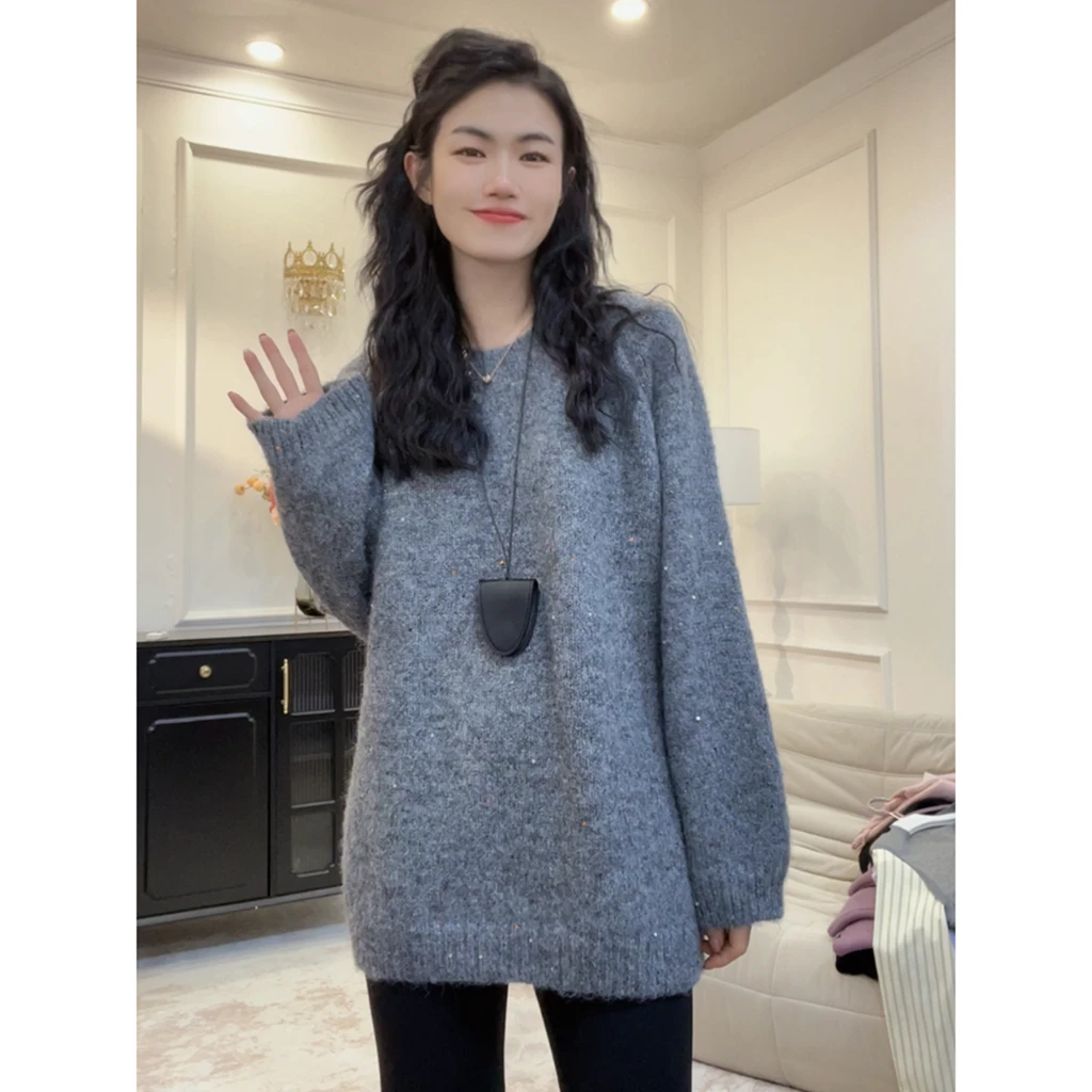 【小彩豆】秋冬新款慵懒感暖和柔软亮丝针织衫亮片外穿毛衣上衣