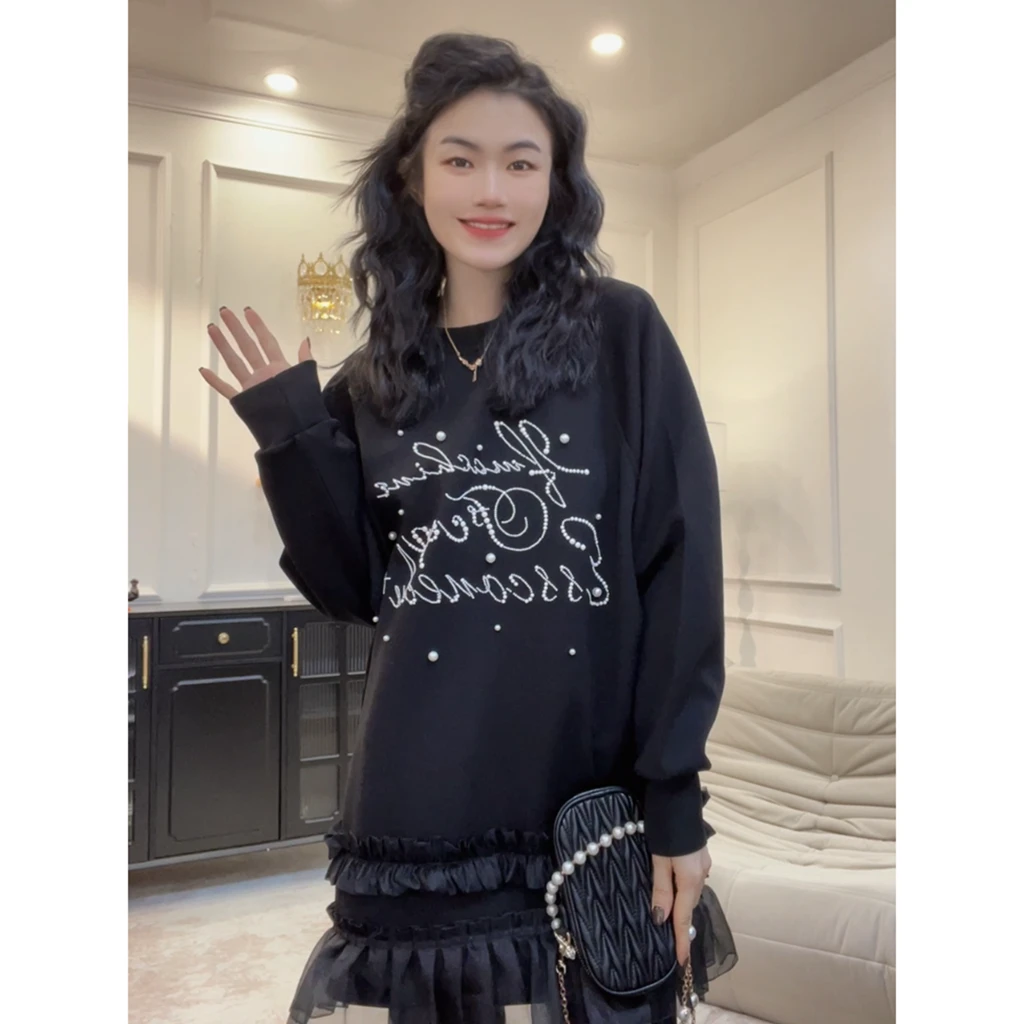 【米兰】衣长80公分欧洲站加厚新款法式重工钉珠小黑裙女卫衣裙LY