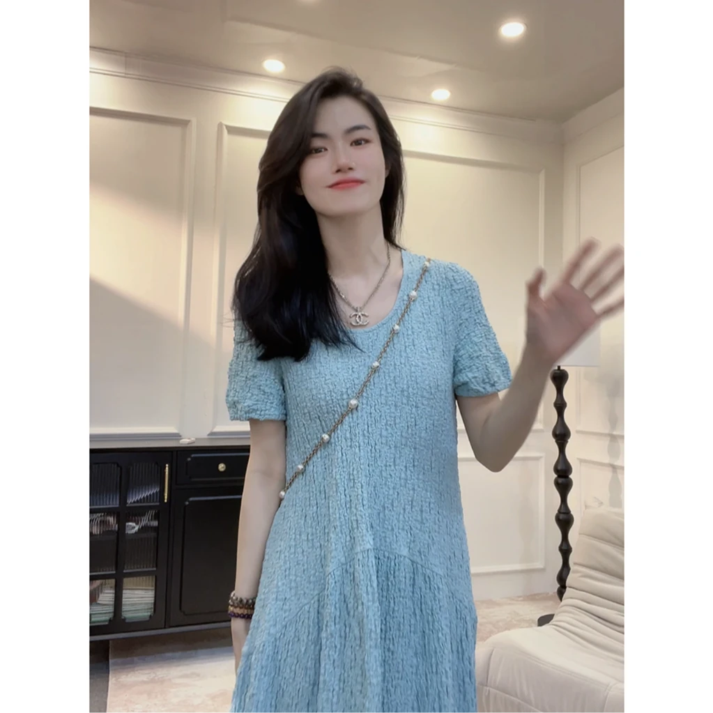 【许愿池】肌理感显瘦气质连衣裙女夏季收腰显瘦裙子