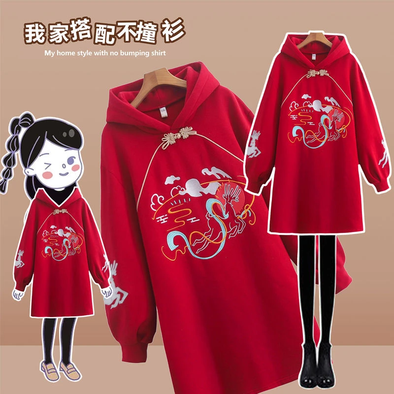 女童冬季汉服卫衣裙加绒加厚国风盘扣汉元素新年本命年红色连衣裙