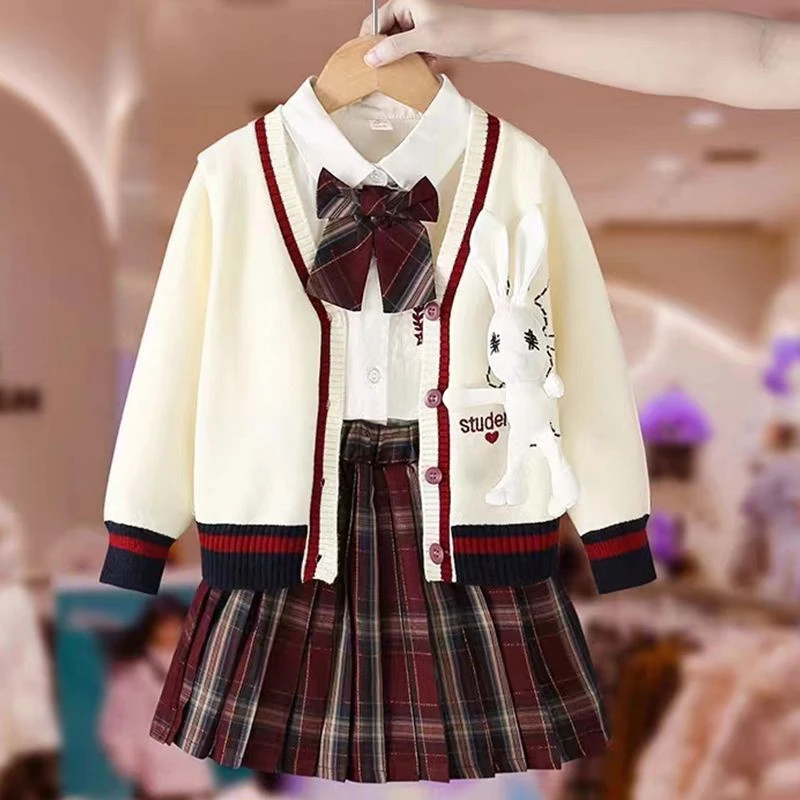 女童套装秋冬装洋气新款小学生洋气儿童开衫毛衣jk百褶裙学院风女