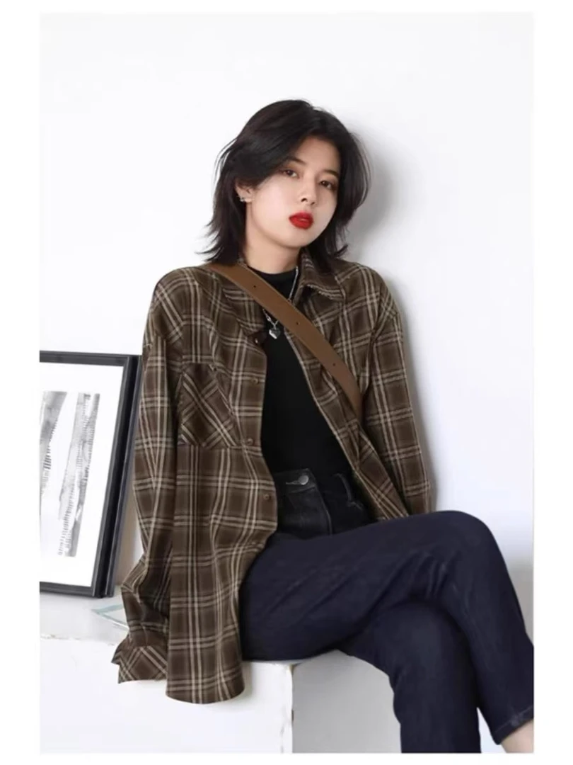 网红港味微磨毛格子衬衫秋冬季新款法式宽松格纹长袖上衣女ins潮