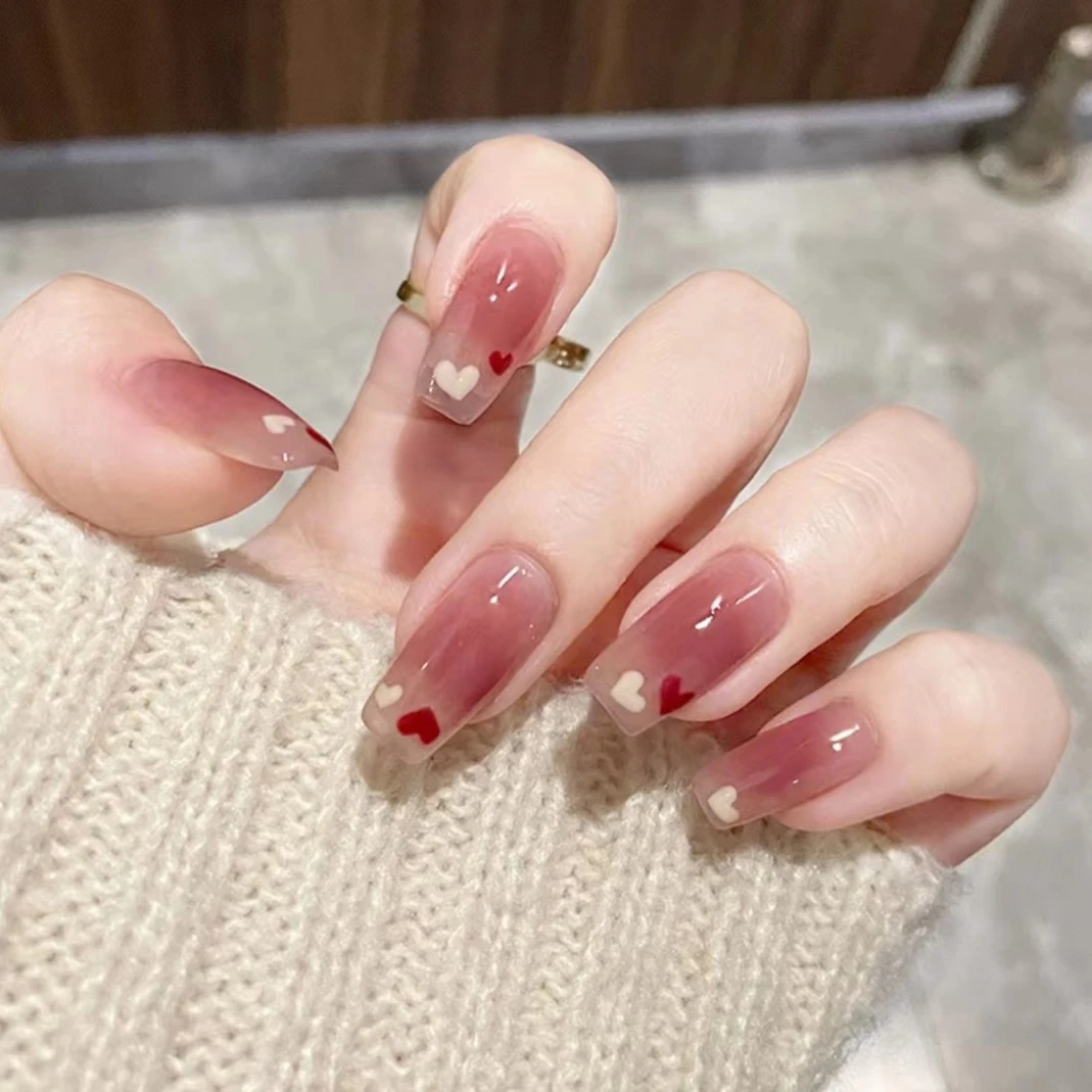 【M004】法式芭蕾腮红晕染桃心穿戴美甲（中长款）