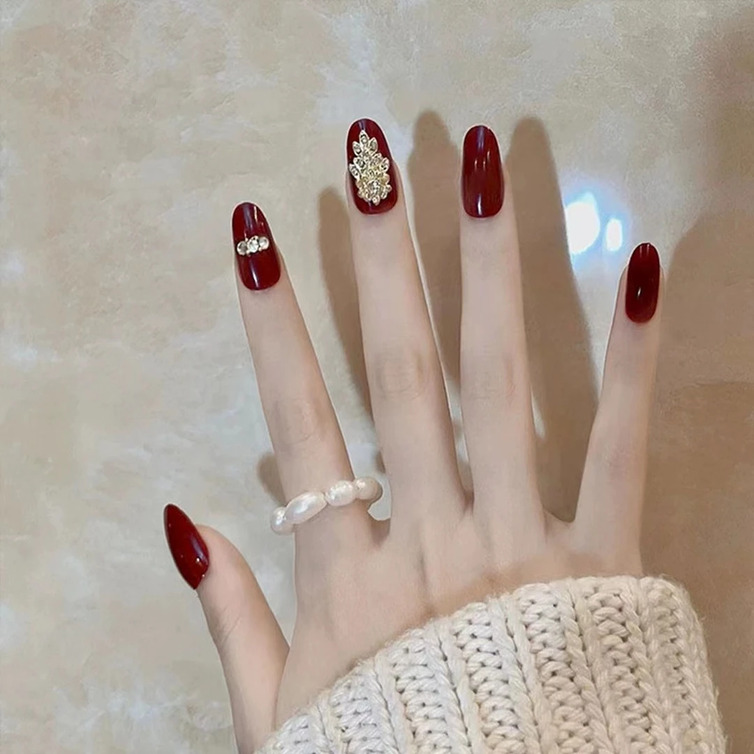 【M161】车厘子红色富贵花开美甲贴片(中长款)穿戴甲