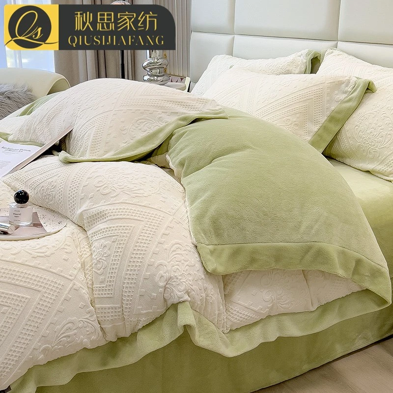 A类牛奶绒冬季床上四件套双面加厚轻奢被套珊瑚法兰绒床单三件套