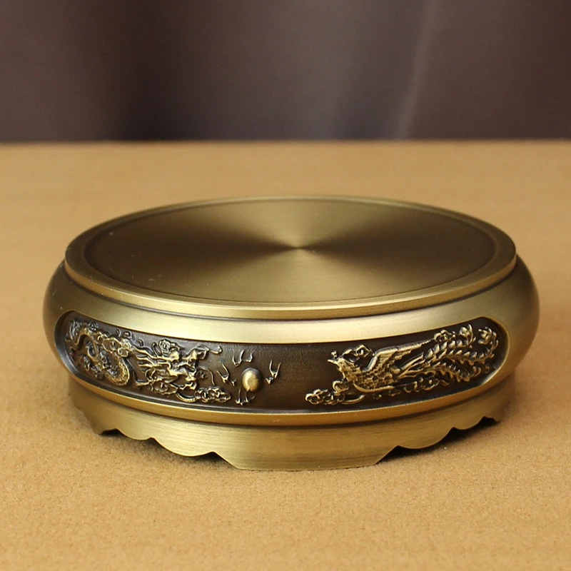 【双龙浮雕米缸专属-图案随机】黄铜底座山水中式复古摆件工艺品