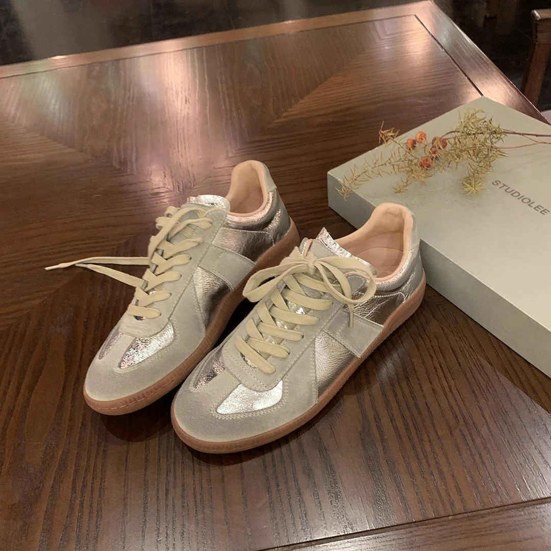苏因因同款银色德训鞋女2024新款韩版真皮拼色休闲运动鞋百搭板鞋