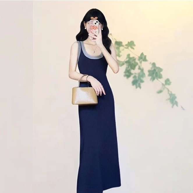 大U领撞色高级感针织无袖吊带背心连衣裙女夏小众法式气质长裙子