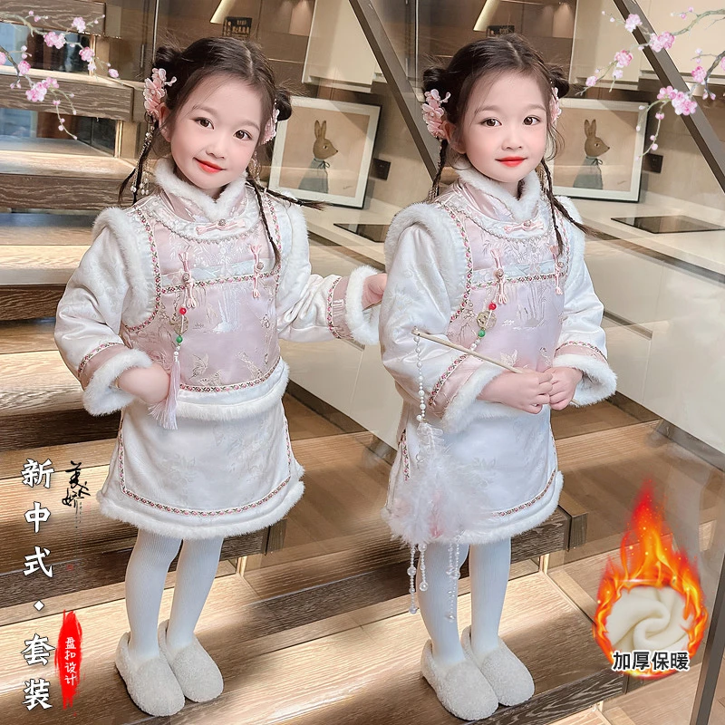女童拜年服加绒套装宝宝加厚礼服小童国风旗袍儿童冬季过年服唐装