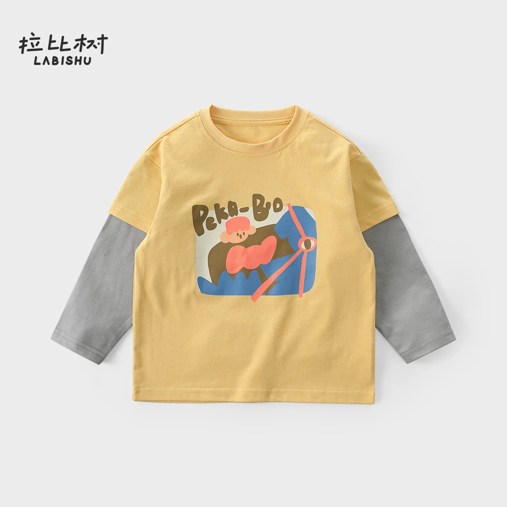 拉比树新款儿童T恤春秋女童长袖打底男童圆领套头百搭休闲纯棉