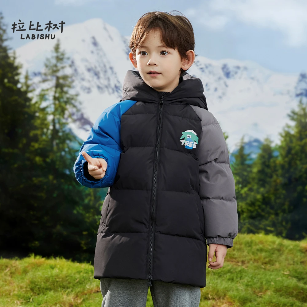 拉比树【断码福利】【三防】90绒中长款羽绒服冬季新款保暖连帽拼色